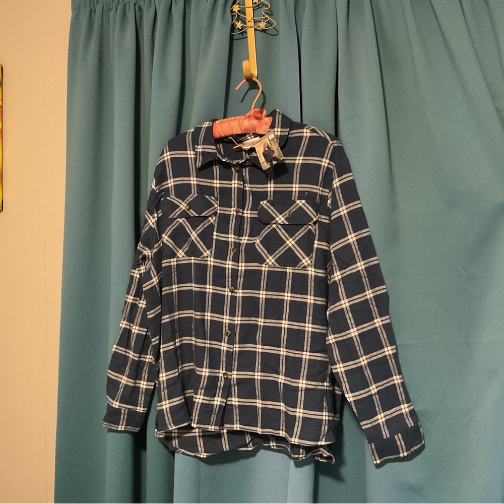 Woman”s Navy Blue Plaid Button-Up Shirt